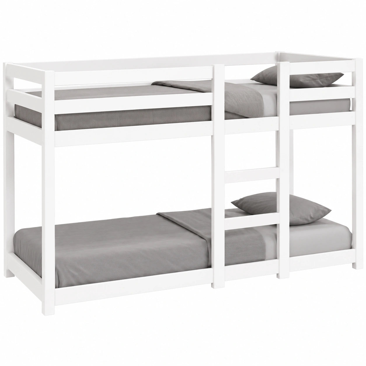Cama Litera Infantil de Madera de Pino con Escalera y Barandillas Blancas
