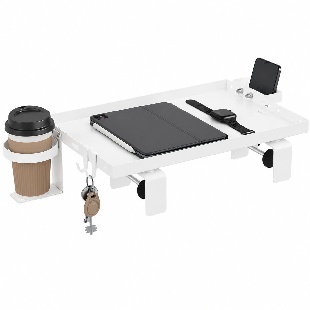 Mesita de Noche Blanca con Soporte para Móvil y Portavasos, Estantería de Acero para Cama, Montaje Universal 47x25 cm